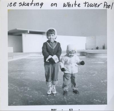 Kay Dickerson (first chair of board) ice Skating on White Towers Pool, White City, Utah